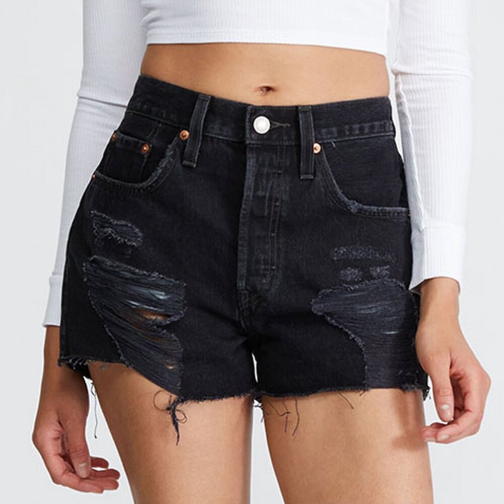 Levi's 501 Black Distressed Denim Shorts - 31